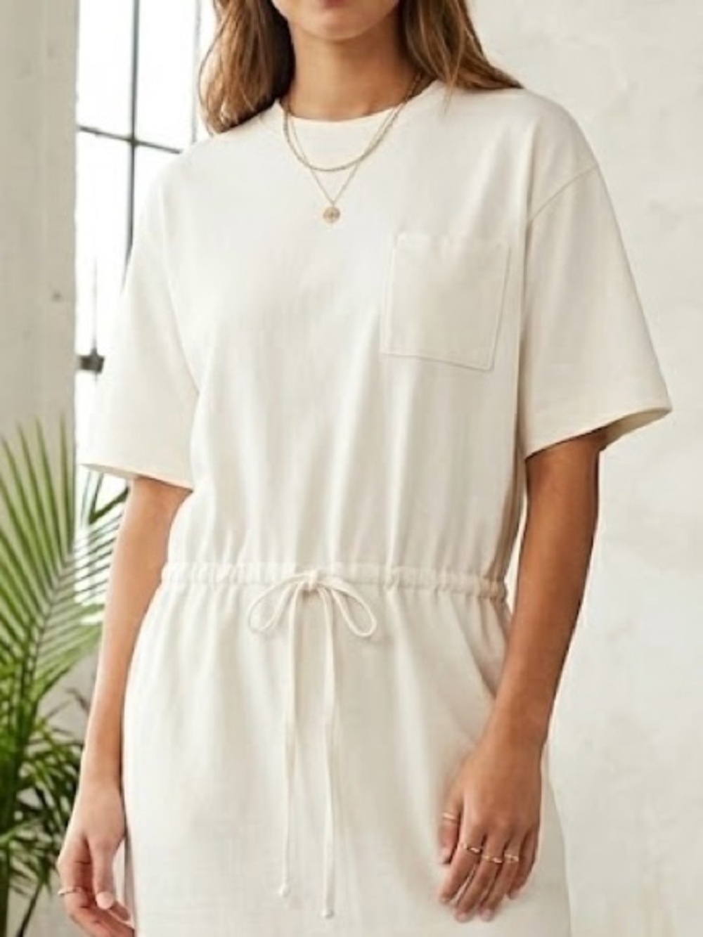 Lands' End VTG Cream Cotton T-Shirt Dress Size M Made in USA Drawstring Waist